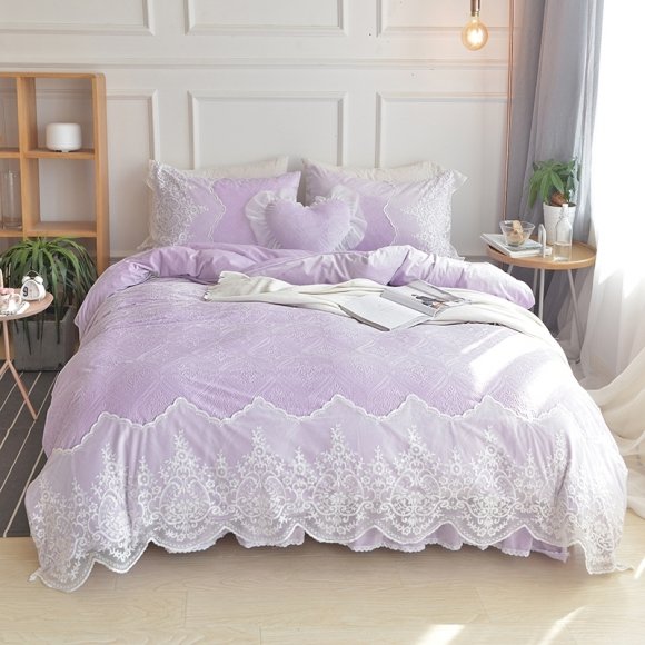 Lavender Purple Bohemian Tribal Vintage Shabby Chic Victorian Lace Girls Attached Dust Ruffle Soft Flannel Full, Queen Size Bedding Sets