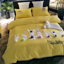 Hipster Mustard Yellow and White Rabbit Pattern Tassel Edge Funny Style Cartoon Themed Full, Queen Size Bedding Sets