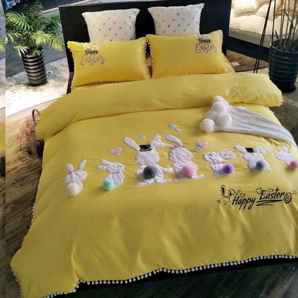 Hipster Mustard Yellow and White Rabbit Pattern Tassel Edge Funny Style Cartoon Themed Full, Queen Size Bedding Sets