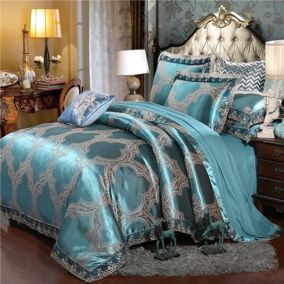 Unique Teal and Gold Trellis Pattern Sparkle Noble Excellence Jacquard Satin Full, Queen Size Bedding Sets
