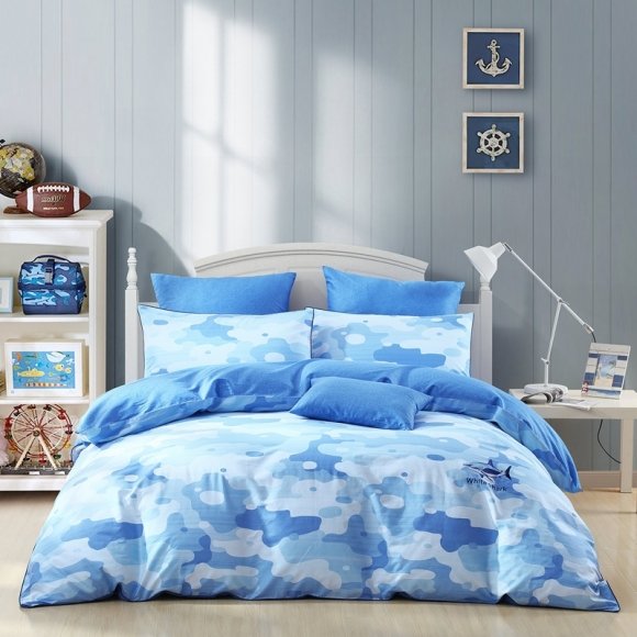 Unusual Blue and White Camouflage Pattern Shark Print Modern Chic Stylish Twin, Full, Queen Size Bedding Sets