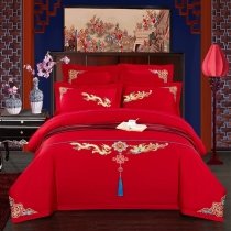Red Blue and Royal Gold Dragon and Phoenix Pattern with Tassel Chinese Style Oriental Style Full, Queen Size Bedding Sets