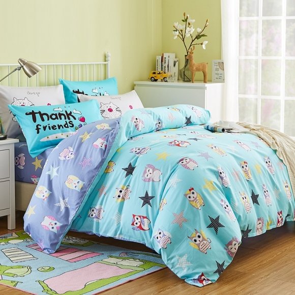 Aqua Yellow Gray and Black Hipster Tween Boys Owl Print Animal Themed Funky Full, Queen Size Bedding Sets