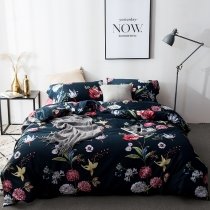Dark Blue Red White and Green Wildflower Print Tropical Hawaiian French Country Vintage Shabby Chic Full, Queen Size Bedding Sets