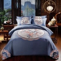 Steel Blue Beige and Red Flower Print Oriental Style Full, Queen Size Bedding Sets