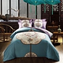 Blue Beige and Red Garden Flower Print Oriental Style Adults Full, Queen Size Bedding Sets