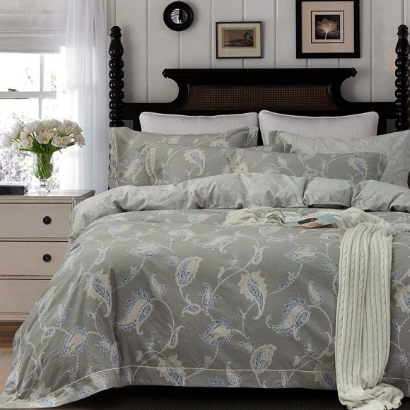 Khaki Brown Beige and Blue Rustic Western Style Paisley and Floral Print French Country Vintage Shabby Chic Full, Queen Size Bedding Sets