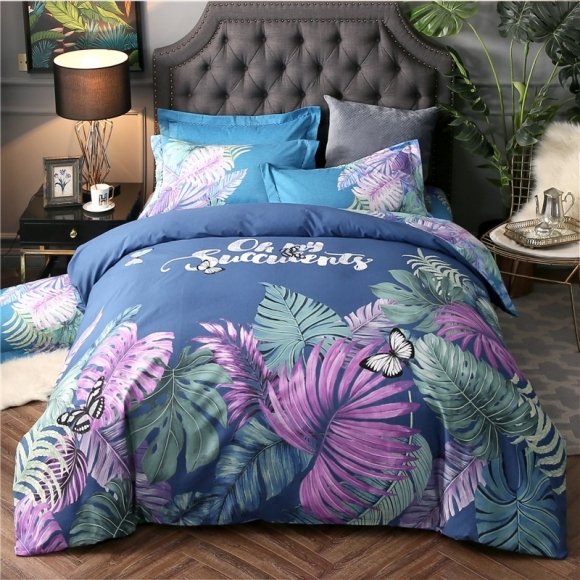 Purple Blue and Green Tropical Hawaiian Rustic Chic Leaf Print Full, Queen Size Bedding Sets