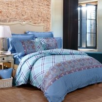 Steel Blue and Brown Indian Pattern Plaid Print Glam Royal Style Full, Queen Size Bedding Sets