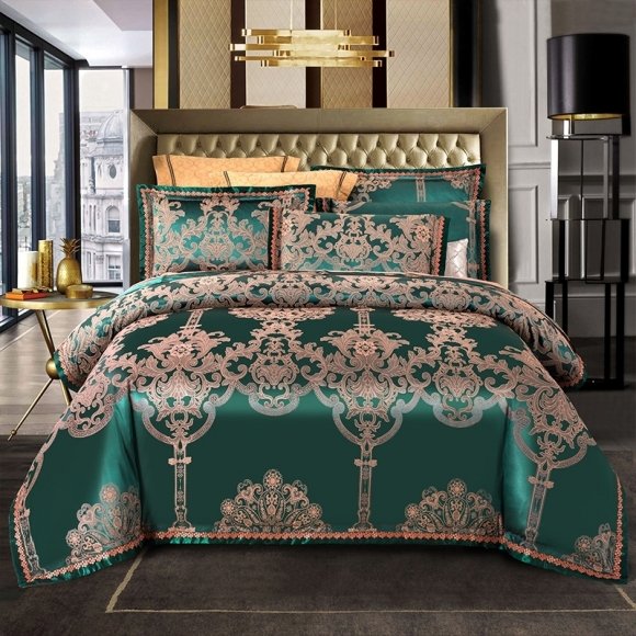 Fancy Gold and Teal Victorian Gothic Pattern Full, Queen Size Bedding Sets