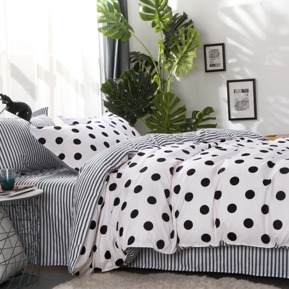 Trendy Black and White Rugby Stripe and Polka Dot Print Modern Chic Twin, Full, Queen, King Size Bedding Sets