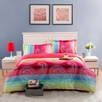 Coral Red Yellow White and Aqua Blue Pop Western Paisley with Rainbow Stripes Print Full, Queen Size Modern Chic Cotton Bedding Sets