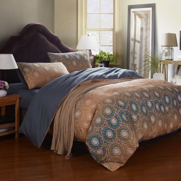 Personalized Khaki Brown White and Teal Blue Moroccan Tribal and Concentric Circles Print Full, Queen Size Luxury Cotton Bedding Sets