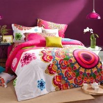Bright Colorful Hot Pink White Green Blue and Gold Bohemian Hippie Style Moroccan Tribal Print Girls Full, Queen Size Cotton Bedding Sets
