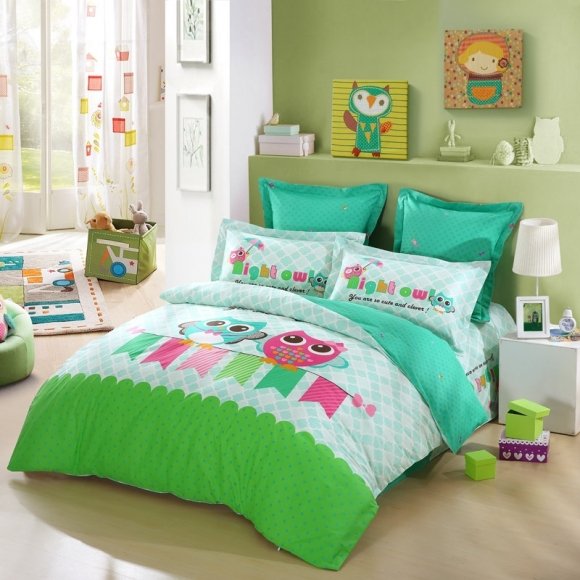Hipster Lime Green Turquoise White and Hot Pink Cute Wild Animal Retro Night Owl Print Kids Girls Twin, Full Size Cotton Bedding Sets