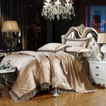 Champagne Gold and Gray Vintage Scroll Pattern and Rustic Western Floral with Lace Full, Queen Size Luxury Jacquard Bedding Sets
