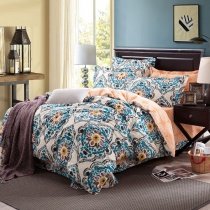Upscale Peacock Blue Beige and Yellow Bohemian Hippie Style Arabian Tribal Print Reversible Adults Full, Queen Size Cotton Bedding Sets