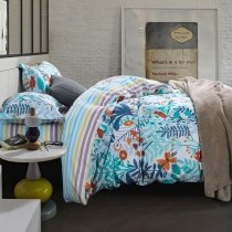 Teal Green Turquoise White and Rust Orange Tropical Rain Forest Hawaiian Floral Print Twin, Full, Queen Size Cotton Bedding Sets