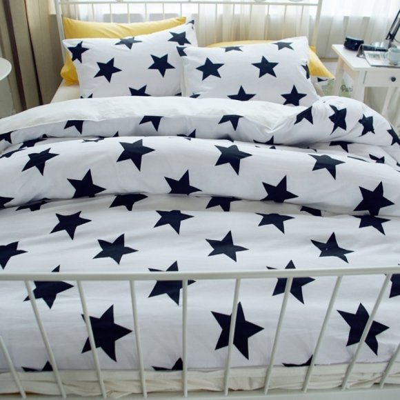 Contemporary Modern Chic Black and White Personalized Star Print Boutique 100% Natural Cotton Twin, Full, Queen Size Bedding Sets
