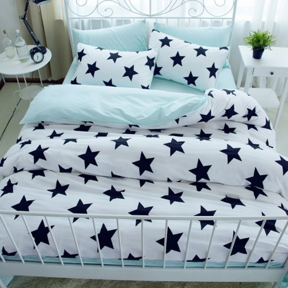 Personalized Black White and Aqua Blue Star Print Funky Kids 100% Natural Cotton Twin, Full, Queen Size Reversible Bedding Sets