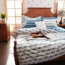 Cerulean Blue and White Ocean Life Shark Print Shabby Chic Reversible 100% Organic Cotton Twin, Full, Queen Size Bedding Sets for Children