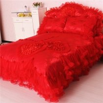 Sophisticated Elegant Sparkle Red Heart Vintage Victorian Lace Gathered Frilly Ruffle Girls Cotton Twin, Full, Queen Size Bedding Sets