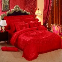 Noble Excellence Sparkle Red Peony Flower Victorian Lace Ruffle Romantic Feminine Luxury Jacquard Satin Full, Queen Size Bedding Sets