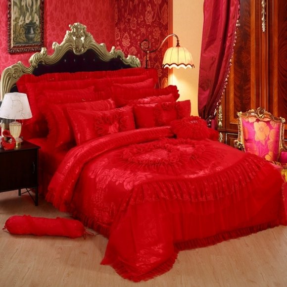 Noble Excellence Sparkle Red Peony Flower Victorian Lace Ruffle Romantic Feminine Luxury Jacquard Satin Full, Queen Size Bedding Sets
