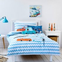 Aqua Blue Orange and White Police Car Print Cartoon Themed 100% Cotton Twin, Full Size Bedding Sets for Kids
