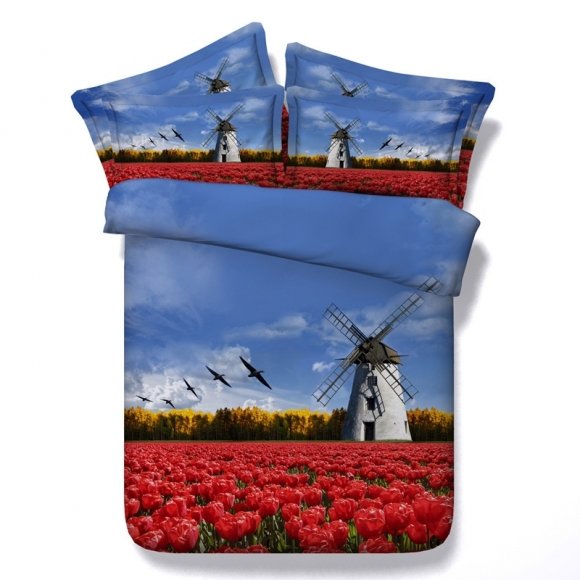 Beautiful Windmill and Floral Print 3D Design French Country Chic Twin, Full, Queen, King Size Bedding Sets