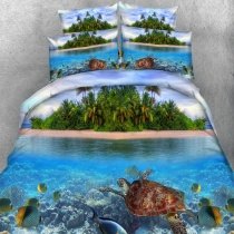 Green Blue and Brown Tropical Hawaiian Style Island and Sea Turtle Print Ocean Themed Twin, Full, Queen, King Size Bedding Sets