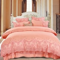Coral Orange Bohemian Tribal Pattern Applique Vintage Victorian Lace Elegant Romantic Feminine Full, Queen Size Bedding Sets