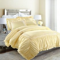 Elegant White and Yellow Vintage Victorian Lace Ruffle Luxury Feminine Full, Queen Size Bedding Sets