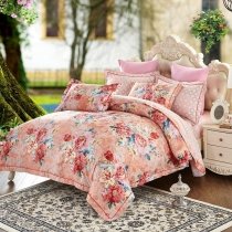 Bright Colorful Pastel Coral Pink Red White Yellow and Navy Blue Garden Floral Print Full, Queen Size Bedding Sets