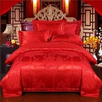 Solid Red Floral Pattern Noble Excellence Oriental Style Embroidered Luxury Jacquard Satin Full, Queen Size Bedding Sets