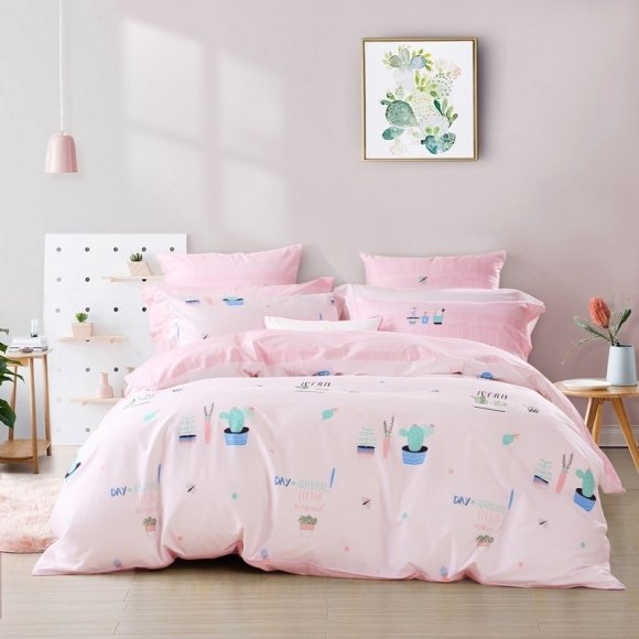 Funky Aqua Blue and Pink Cactus Print Pastel Style Trendy and Unique Twin, Full, Queen Size Bedding Sets