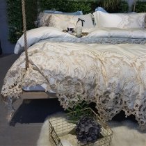 Romantic Shabby Chic Gold and Cream Bohemian Indian Tribal Vintage Victorian Lace Elegant Feminine Full, Queen Size Bedding Sets