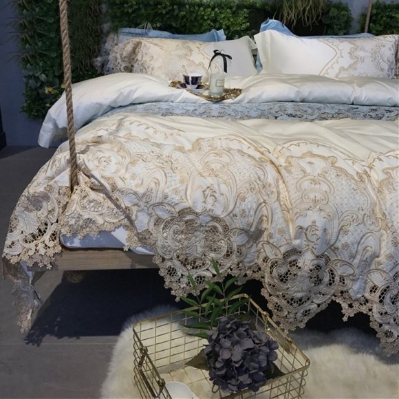 Romantic Shabby Chic Gold and Cream Bohemian Indian Tribal Vintage Victorian Lace Elegant Feminine Full, Queen Size Bedding Sets