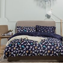 Hipster Dark Blue White and Colorful Bird Print Kids Animal Themed Full, Queen Size Cotton Bedding Sets