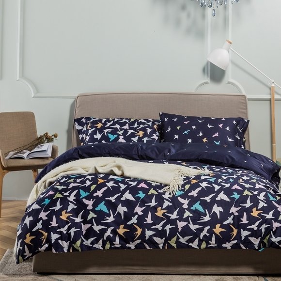 Hipster Dark Blue White and Colorful Bird Print Kids Animal Themed Full, Queen Size Cotton Bedding Sets