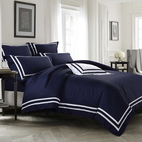 Dark Blue and White Border Greek Key Inspired Luxurious Simply Shabby Chic Noble Excellence Villa Full, Queen Size Bedding Sets