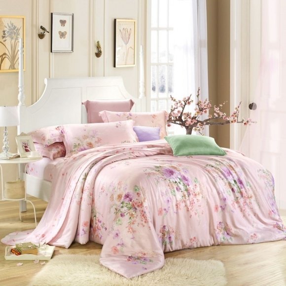 Pastel Pale Pink Green Purple and Gold Fairy Garden Floral Print Elegant Soft Luxury French Country Full, Queen Size Bedding Sets