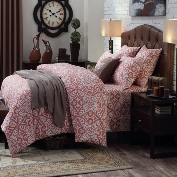 White and Dark Coral Indian Medieval Pattern Masculine Shabby Chic Full, Queen Size Bedding Sets
