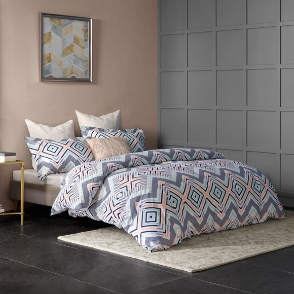 Coral and Gray Chevron Stripe Print Abstract Contemporary Modern Chic Full, Queen Size Bedding Sets