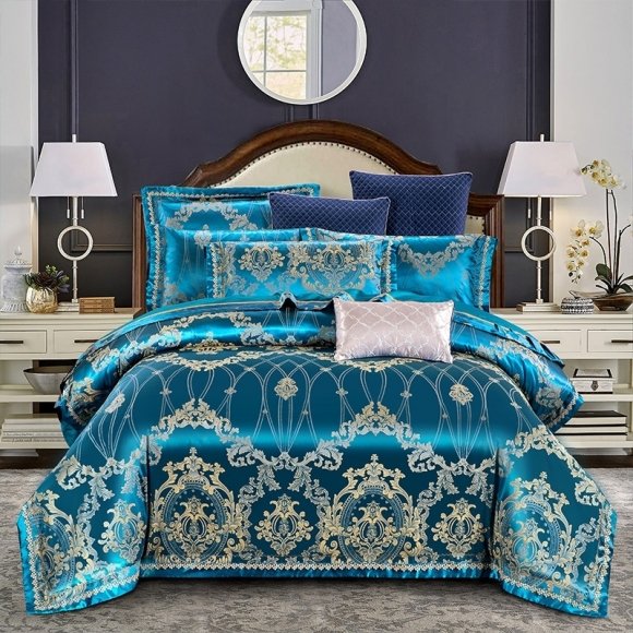 Sapphire Blue and Gold Luxury Bohemian Jacquard Full, Queen Size Bedding Sets