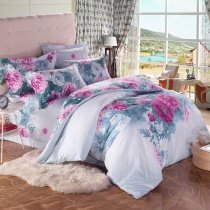 Sage Green Pink and White Asian Inspired Colorful Peony Floral Print Full, Queen Size Cotton Feminine Bedding Sets
