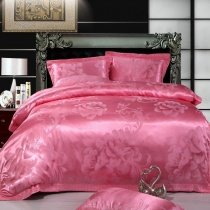 Girly Girls Solid Shiny Pink Vintage Peony Floral Print With Lace Design Full, Queen Size Jacquard Bedding Sets
