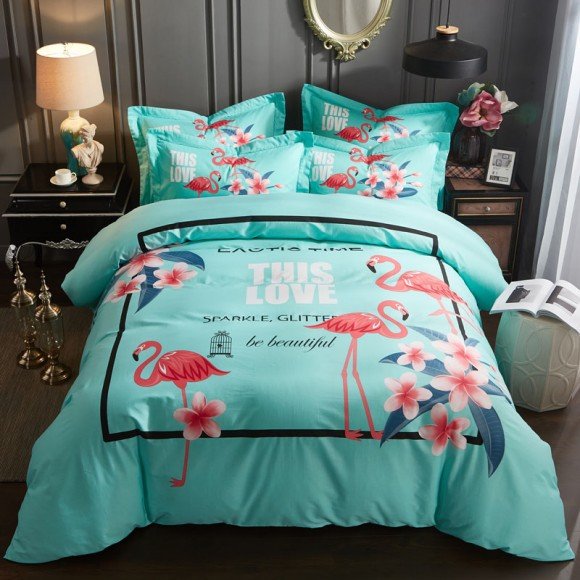 Red and Mint Green Tropical Flamingo Print Wild Bird Animal Themed Cute Girls Full, Queen Size Bedding Sets
