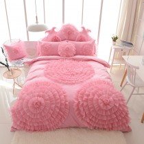 Elegant Girls Solid Pink Gathered Waterfall Ruffle Applique Noble Excellence Twin, Full, Queen Size Bedding Sets