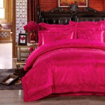 Noble Excellence Pure Raspberry Red Peony Flower Pattern Elegant Girls Jacquard Satin Full, Queen Size Bedding Sets